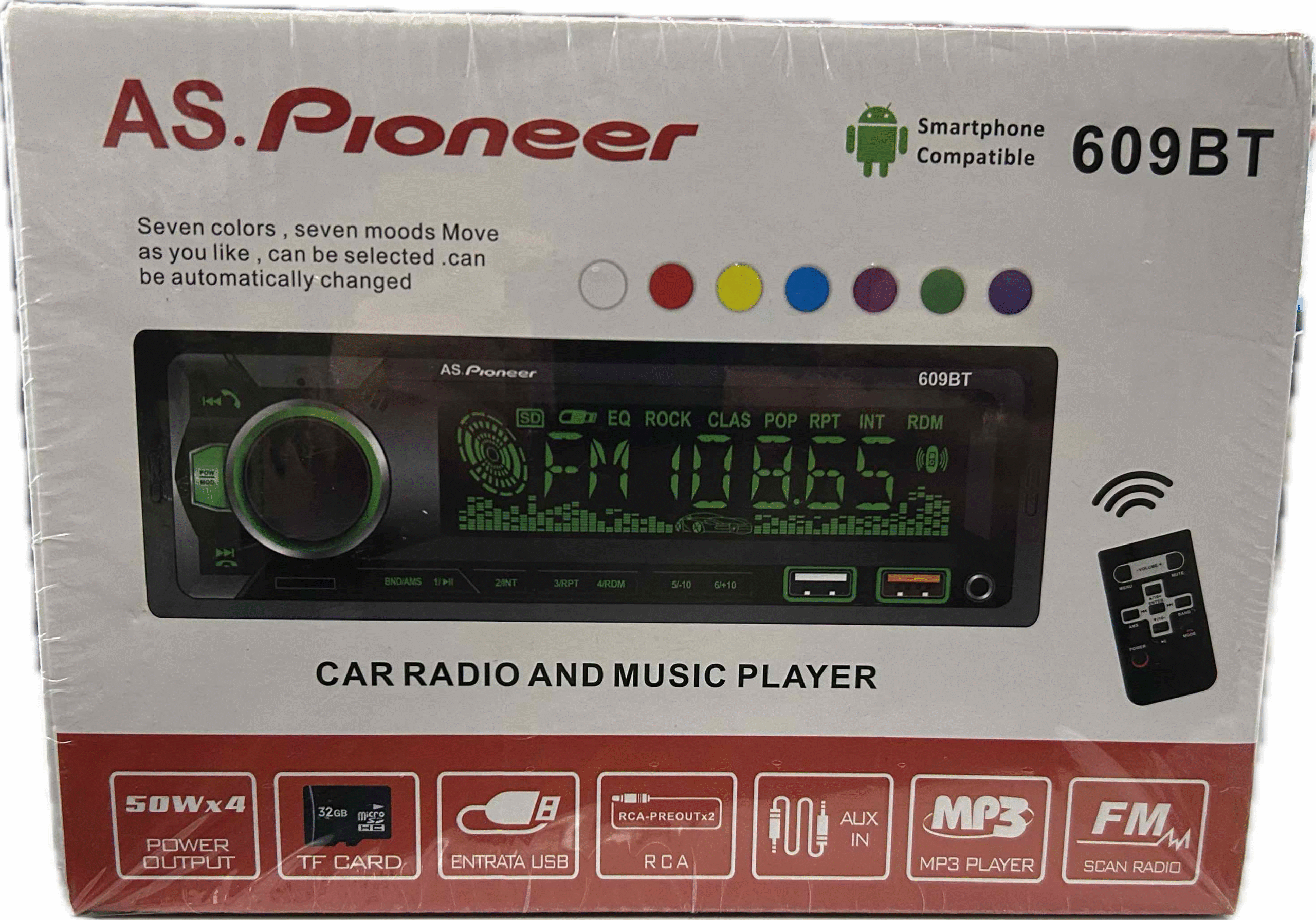 Магнитола автомобильная PIONEEIR 609BT с блютузом 7 цветов