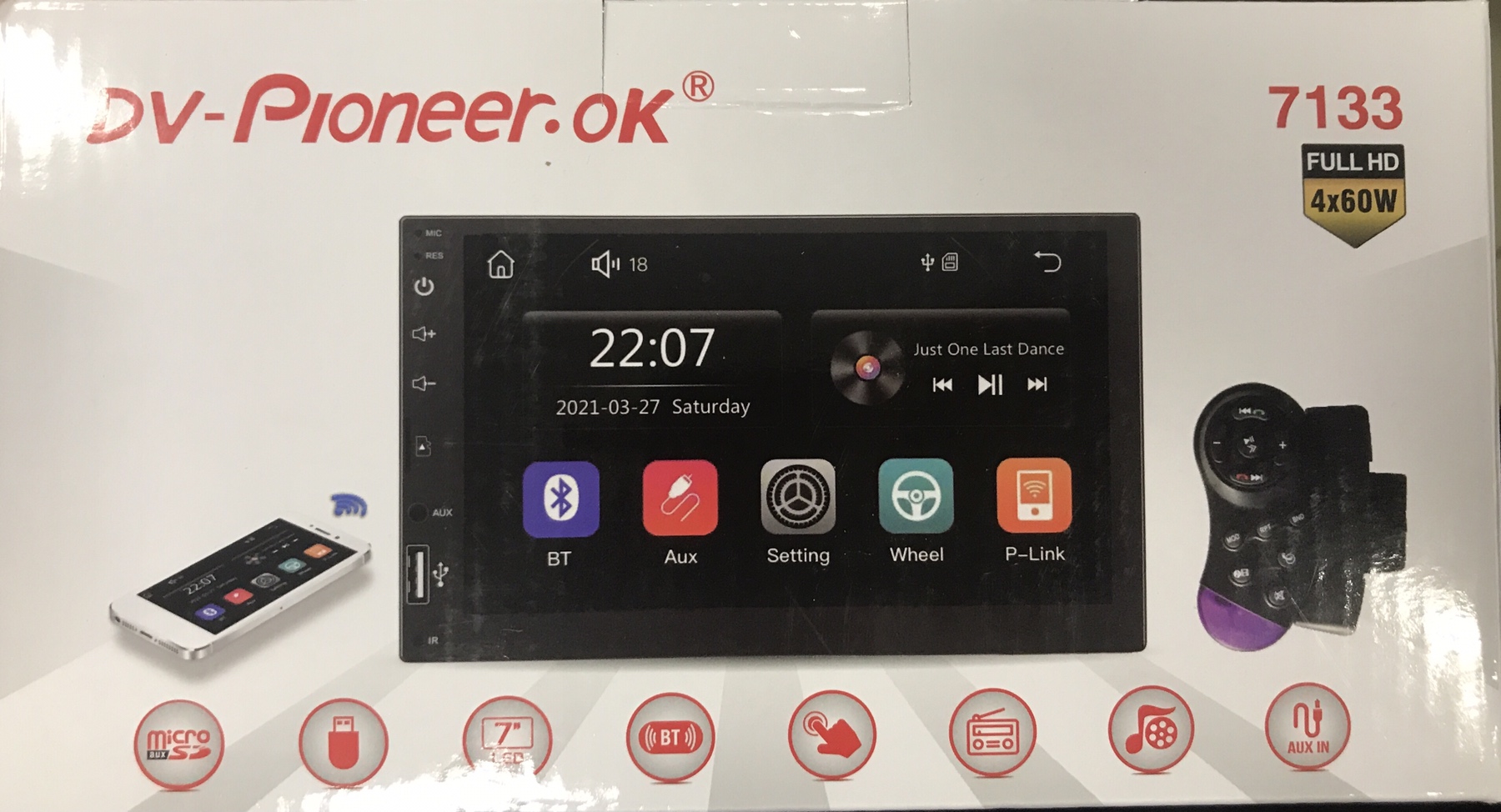 Автомагнитола 2-DIN Pioneer-Ok 7133 7" с BT, с пультом на руль + рамка