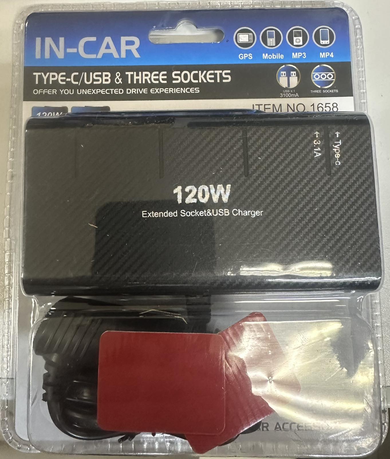 Разветвитель в прикуриватель 1658 (12-24V, Type-C/USB (3.1A), 3 разъема прикуривателя 120W)