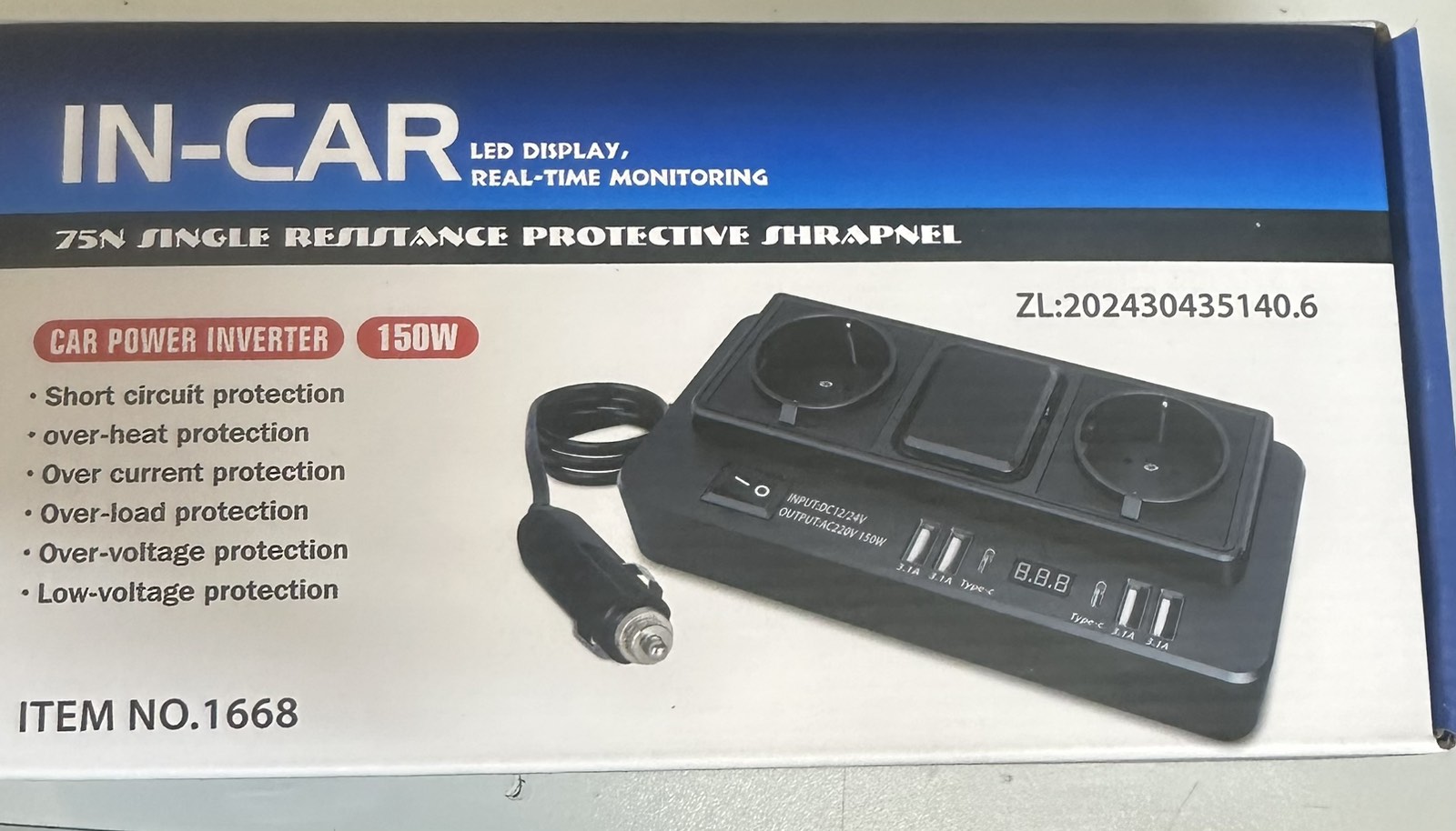 Разветвитель в прикуриватель 1668 (12-24V, Type-C/USB (3.1A), порт: U+C/2AC выход 220V/150W) Дисплей