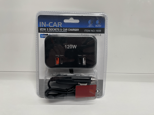 Разветвитель в прикуриватель 1656 (12-24V, QC4.0+2 USB-порта, 3 разъема прикуривателя 120W)